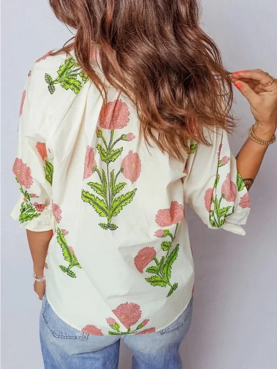 Boutique Floral Peasant Blouse with Pink & Green Print - Picture 2 of 3